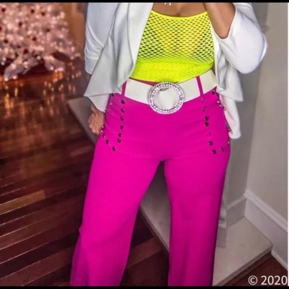 Elaine Coming in Hot: Pink High Waist Slacks w/ Nail Studs on Pockets M - Picture 4 of 10